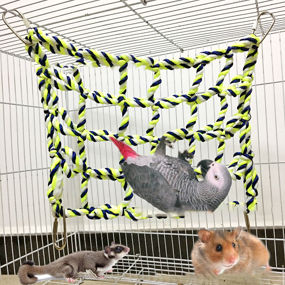 Parrot climbing net toy by Sell My Stuff in neon yellow and blue rope inside bird cage, gray parrot on net on Tampa Home & Garden Store
