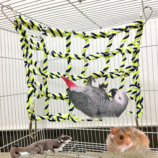 Parrot climbing net toy by Sell My Stuff in neon yellow and blue rope inside bird cage, gray parrot on net on Tampa Home & Garden Store