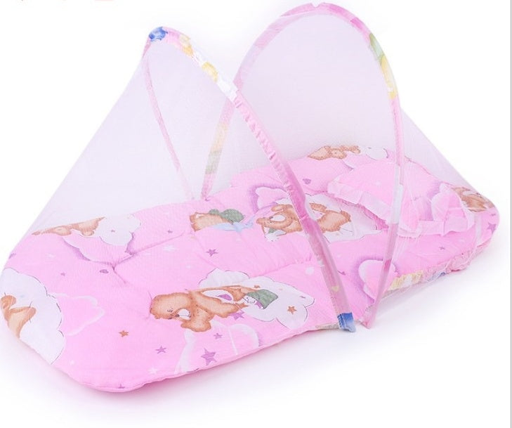 Portable pink baby bed with foldable frame, mosquito net tent, cartoon unicorn print by My Store on Tampa Home & Garden Store