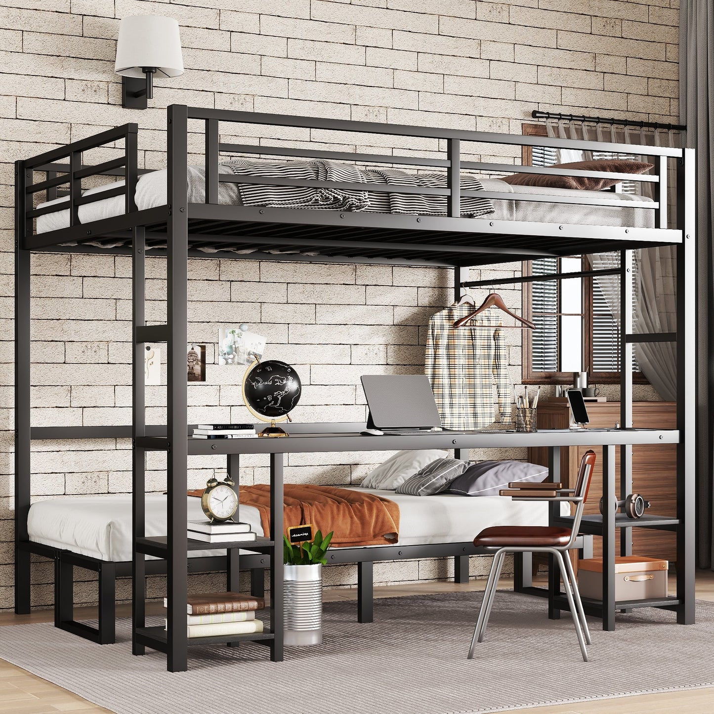Queen over Twin XL metal bunk bed with desk and shelves in black finish on Tampa Home & Garden Store
