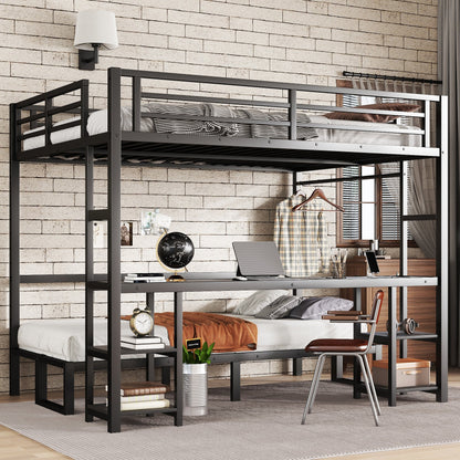 Queen over Twin XL metal bunk bed with desk and shelves in black finish on Tampa Home & Garden Store