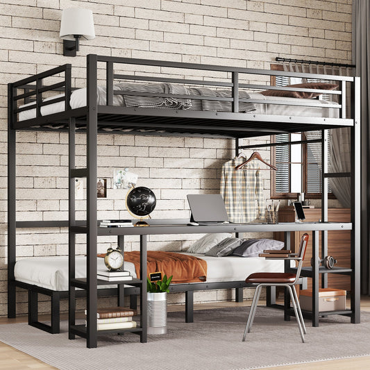 Queen over Twin XL metal bunk bed with desk and shelves in black finish on Tampa Home & Garden Store