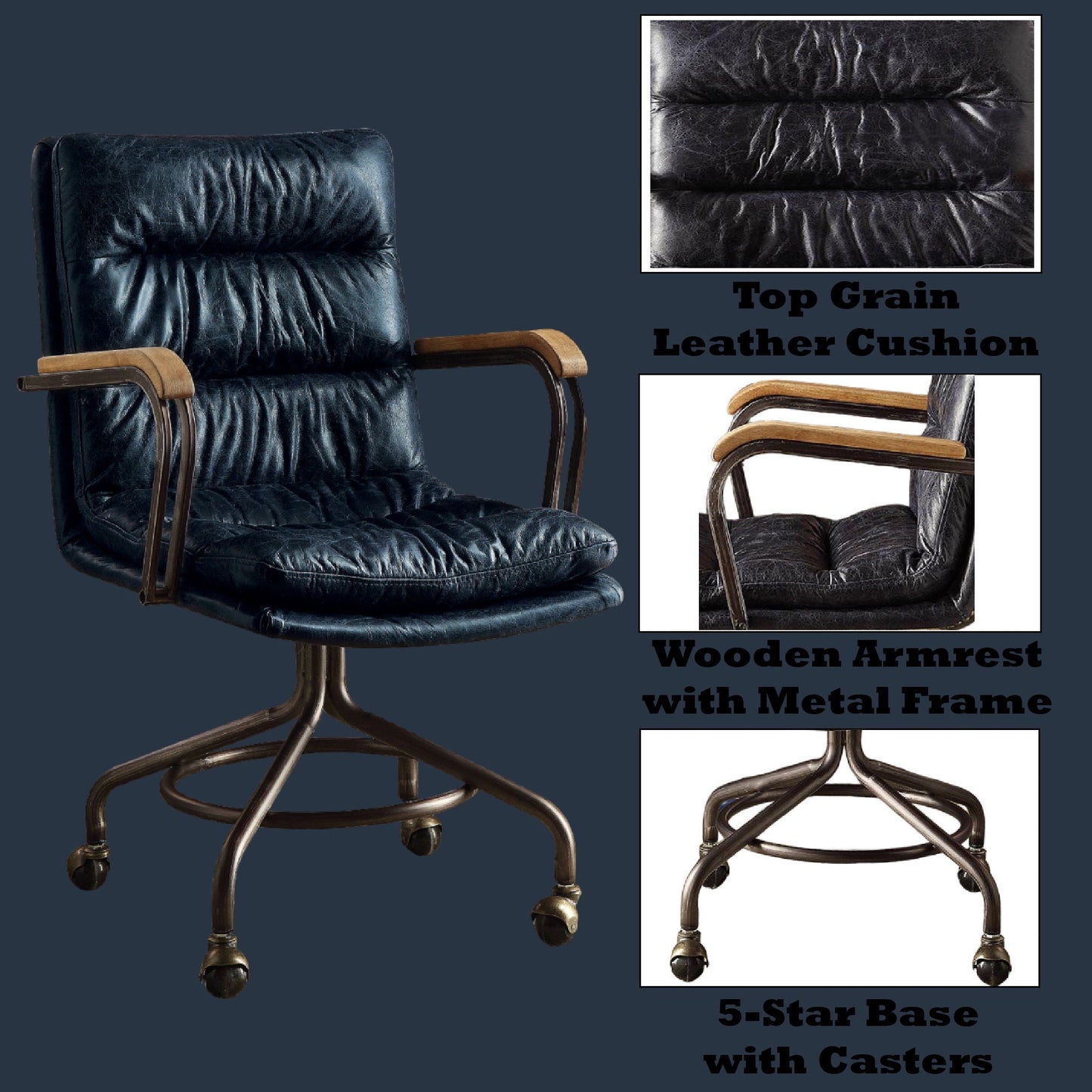 Harith Retro Top Grain Office Chair with black leather and wooden armrests on metal base on Tampa Home & Garden Store