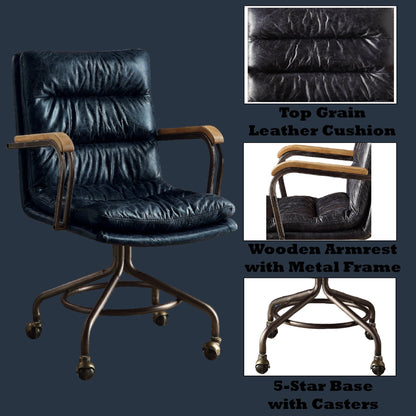 Harith Retro Top Grain Office Chair with black leather and wooden armrests on metal base on Tampa Home & Garden Store