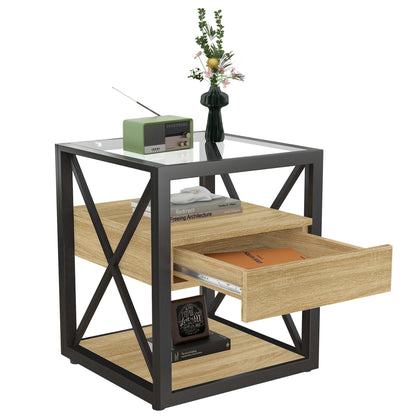 Set of 2 modern end tables with glass tops, black metal frames and wood drawers on Tampa Home & Garden Store