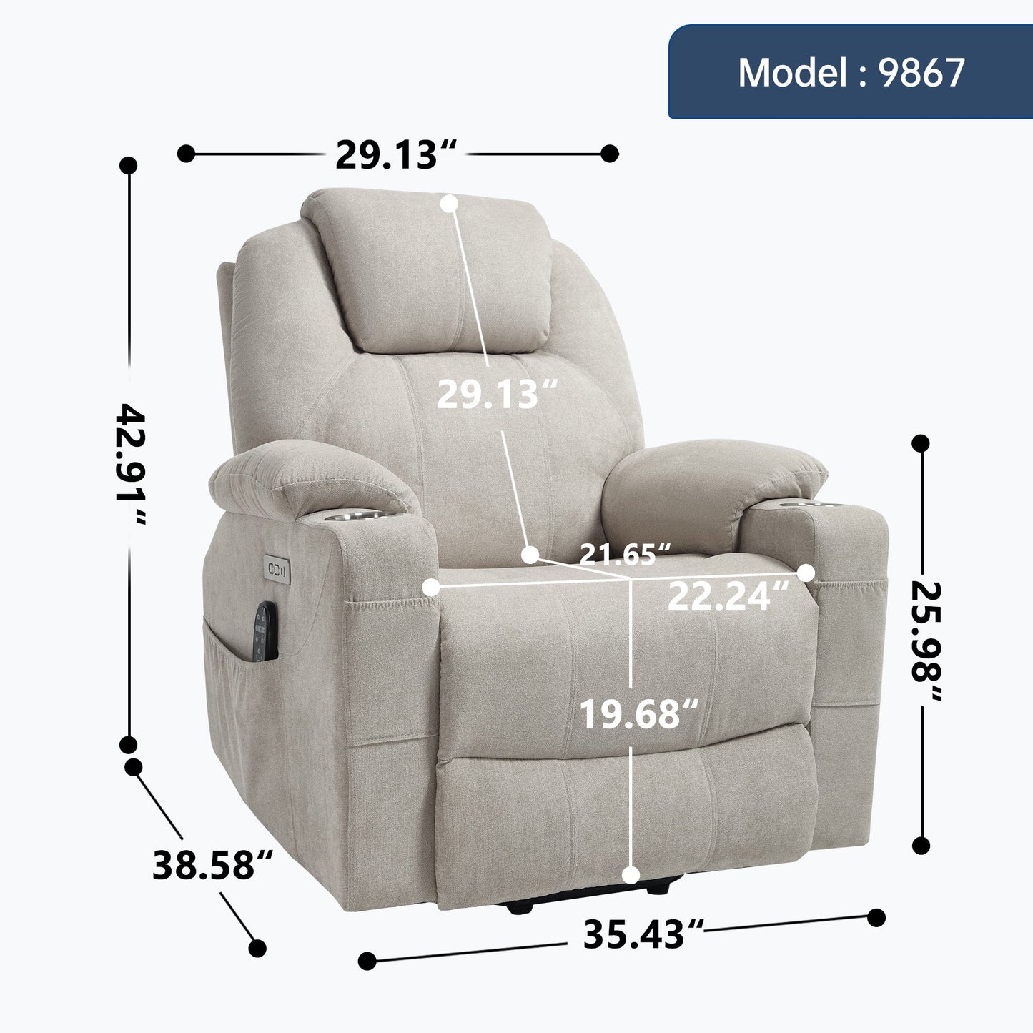 Power Lift Recliner Chair with Massage by HouseOfZazla in beige fabric with side controls on Tampa Home & Garden Store