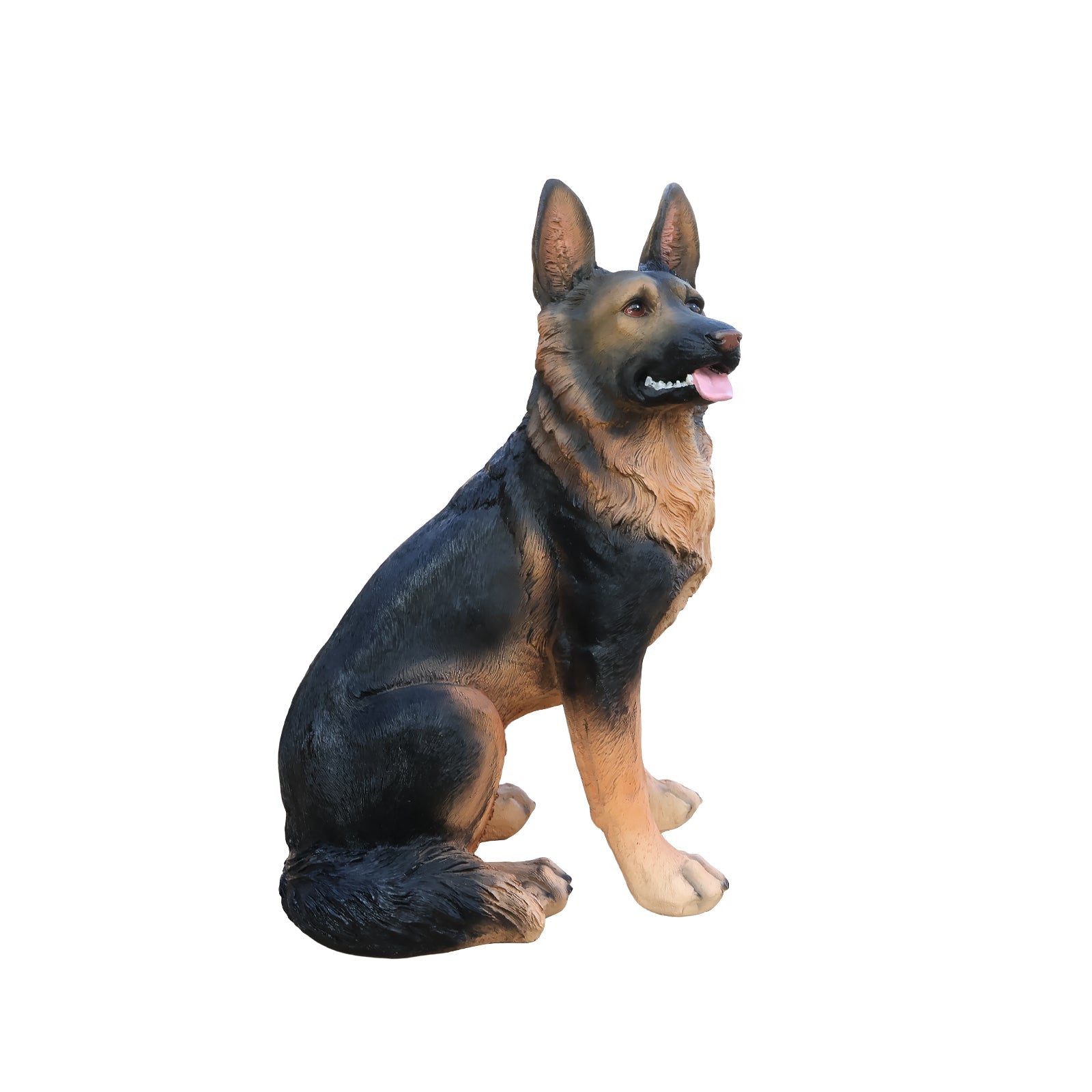 German Shepherd garden statue, black and tan, life-like details, sitting pose on Tampa Home & Garden Store