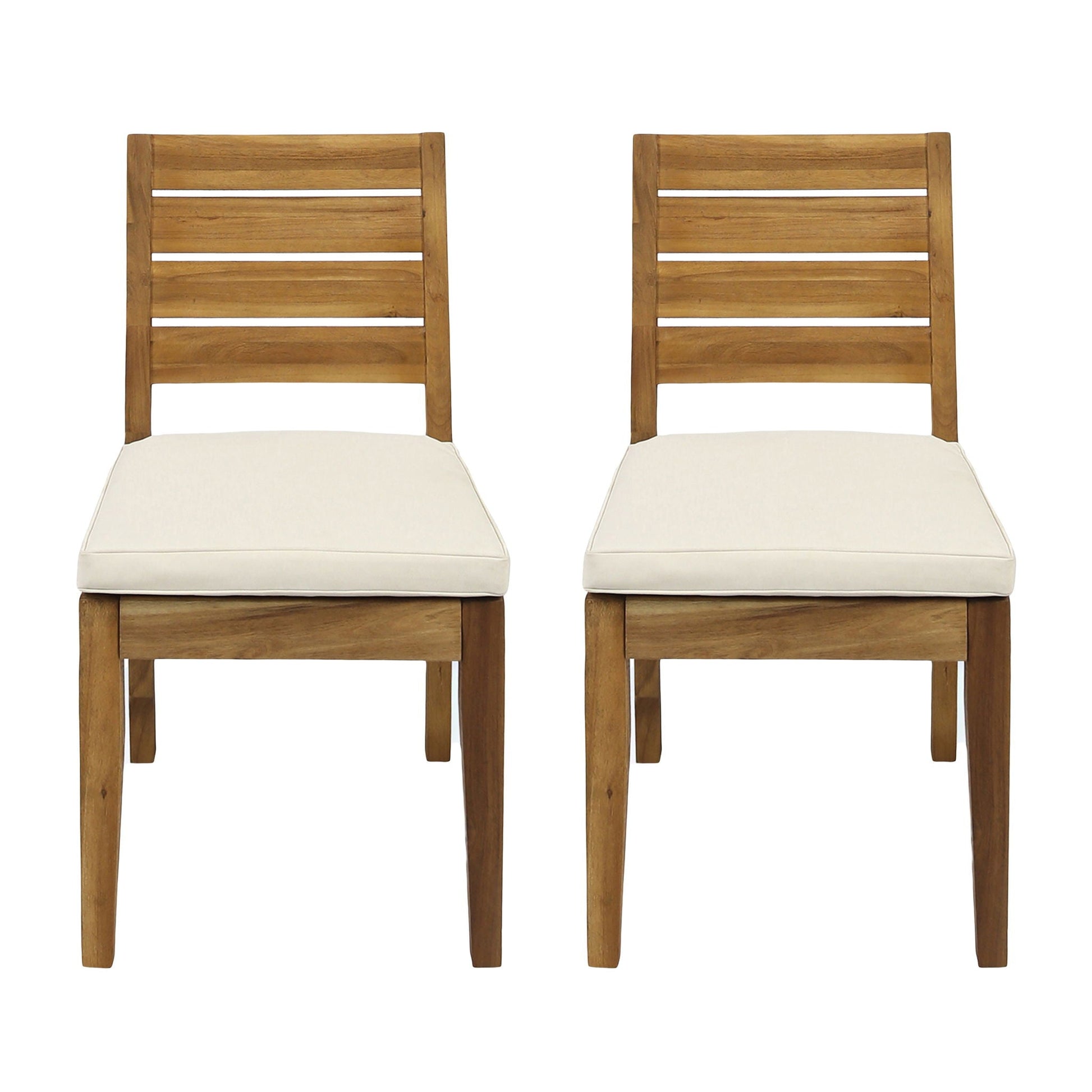 Outdoor Armless Dining Chairs pair with white cushions, wooden frames, HouseOfZazla on Tampa Home & Garden Store