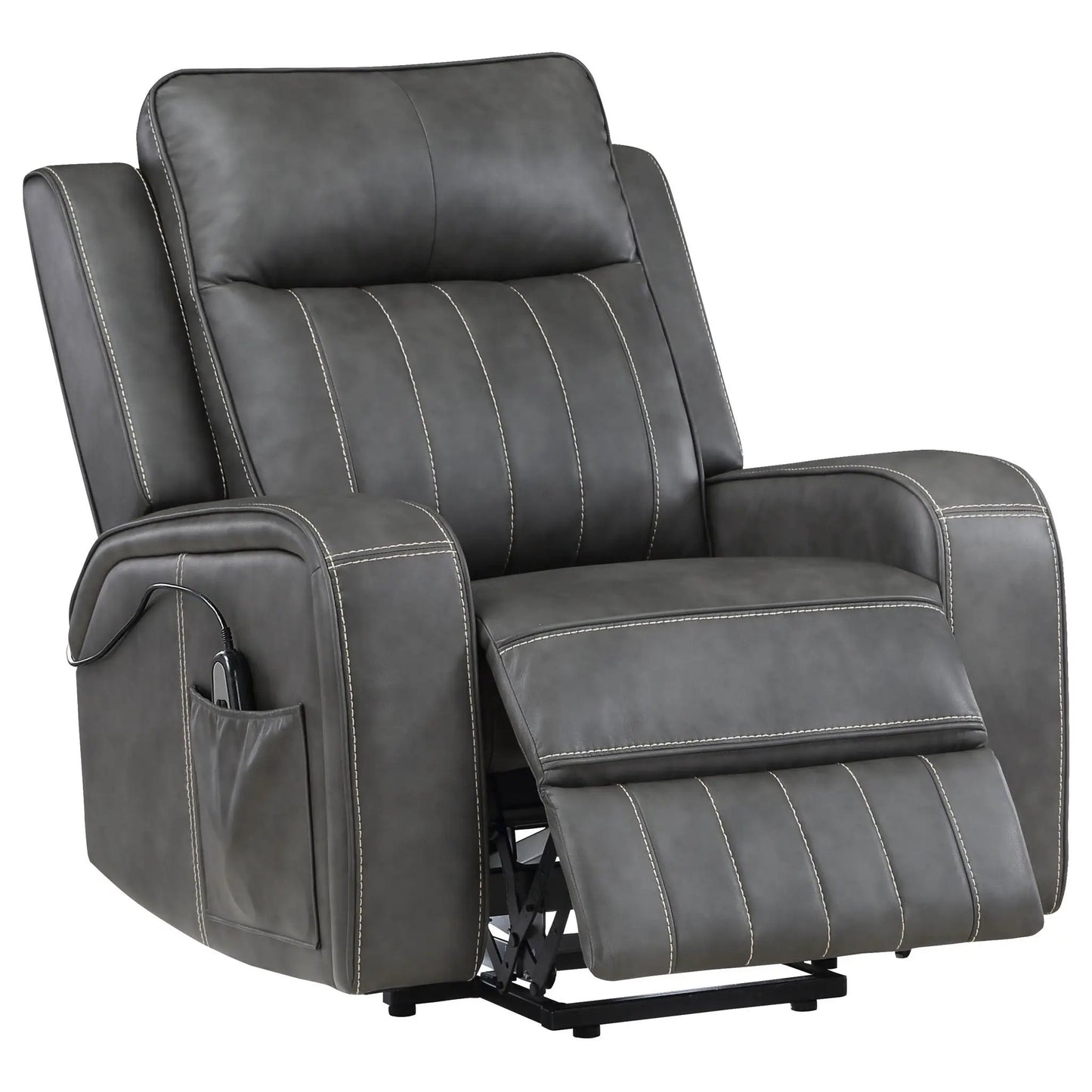 Mckinley gray upholstered power lift recliner chair with remote control and side pocket on Tampa Home & Garden Store