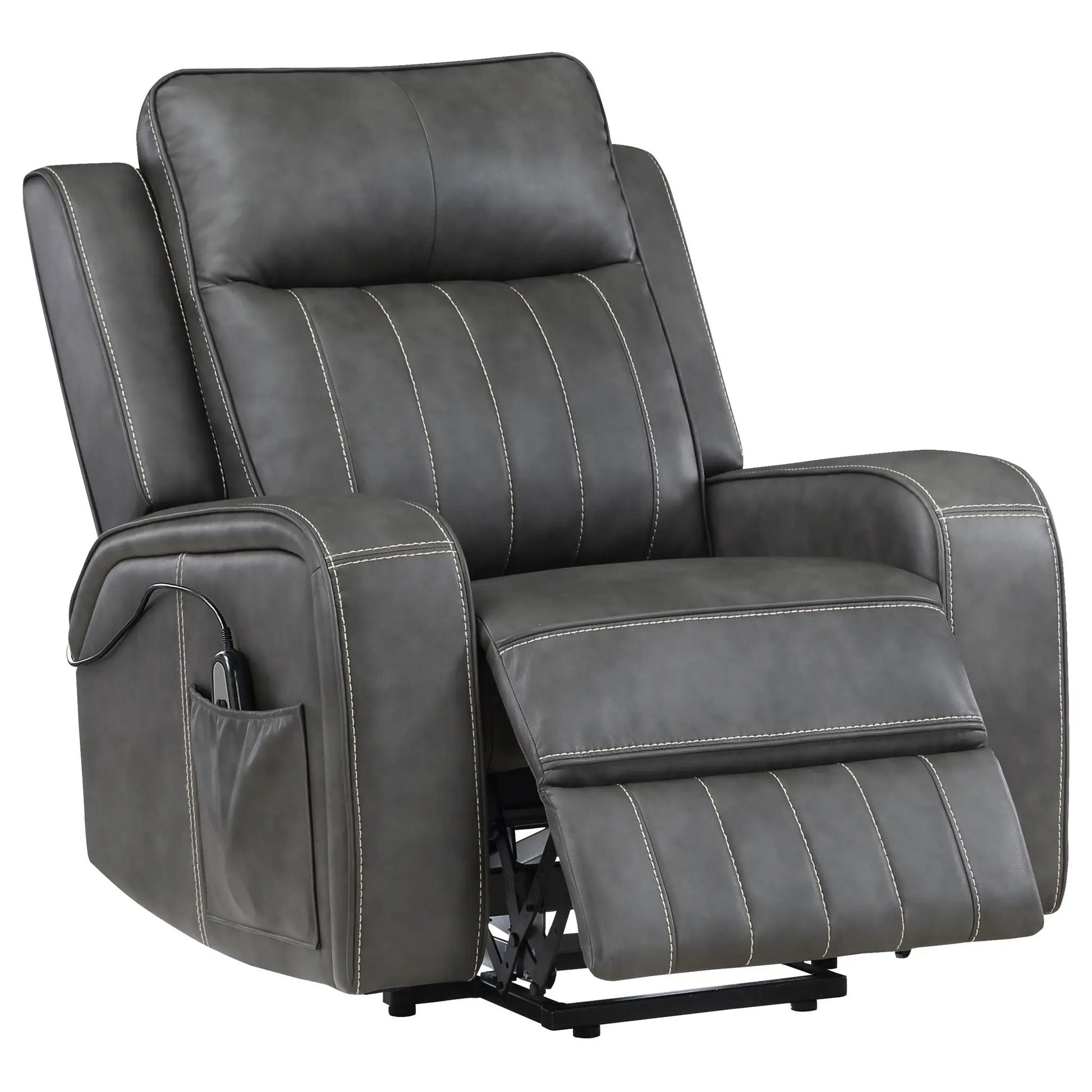 Mckinley gray upholstered power lift recliner chair with remote control and side pocket on Tampa Home & Garden Store