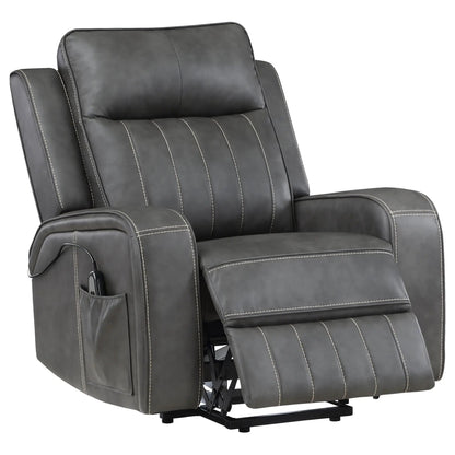 Mckinley gray upholstered power lift recliner chair with remote control and side pocket on Tampa Home & Garden Store