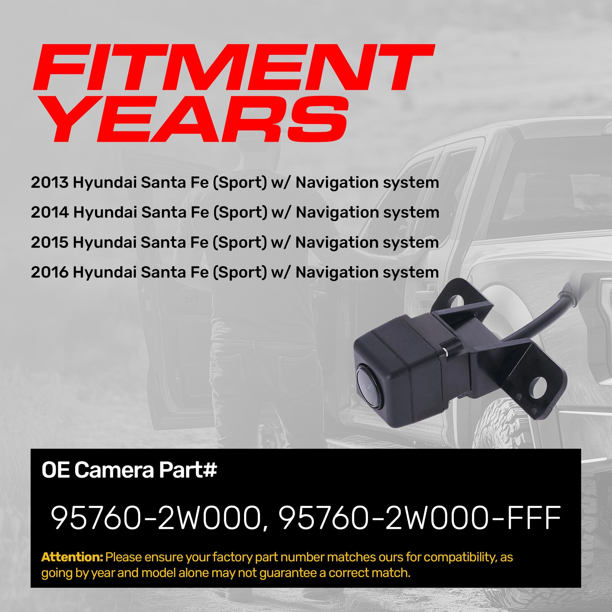 OEM backup camera for Hyundai Santa Fe Sport (2013–2016); part 95760-2W000 on Tampa Home & Garden Store