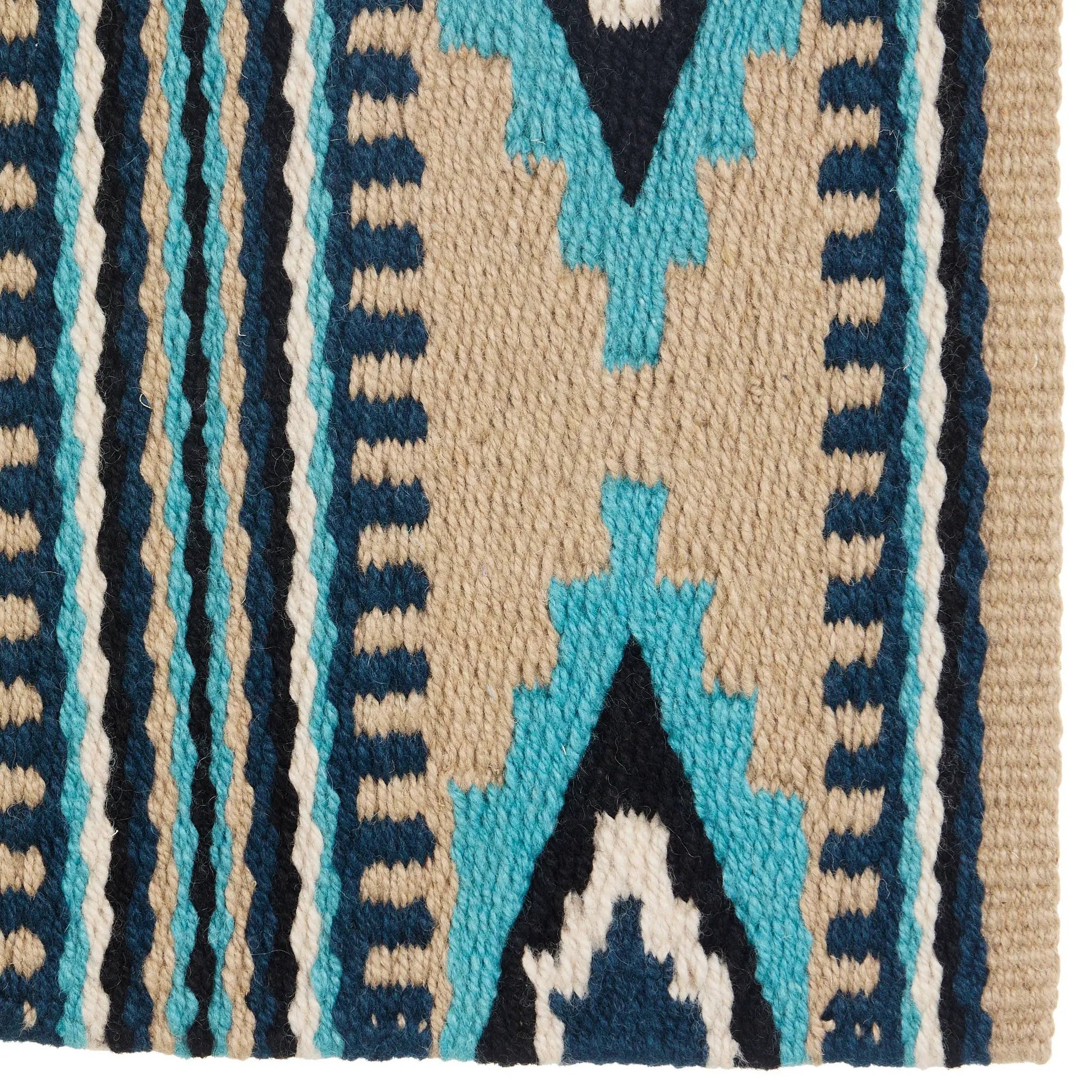 Mayatex Risen Saddle Blanket 36x34 New Zealand wool beige teal navy geometric pattern on Tampa Home & Garden Store