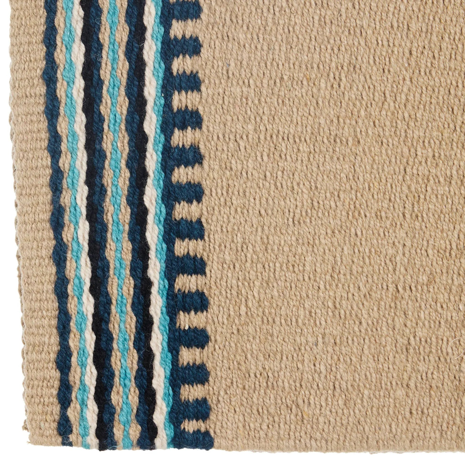 Mayatex Risen saddle blanket 36x34 New Zealand wool beige with turquoise navy striped pattern on Tampa Home & Garden Store