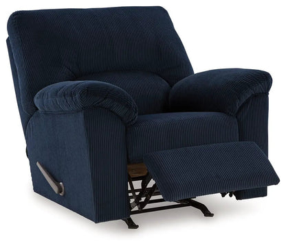 Rocker recliner SimpleJoy by Unique Piece Furniture in navy corduroy with footrest on Tampa Home & Garden Store