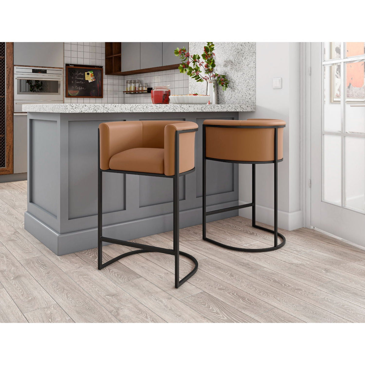 Cosmopolitan stool with camel upholstered seat and black metal frame, counter-height, set of 2 on Tampa Home & Garden Store