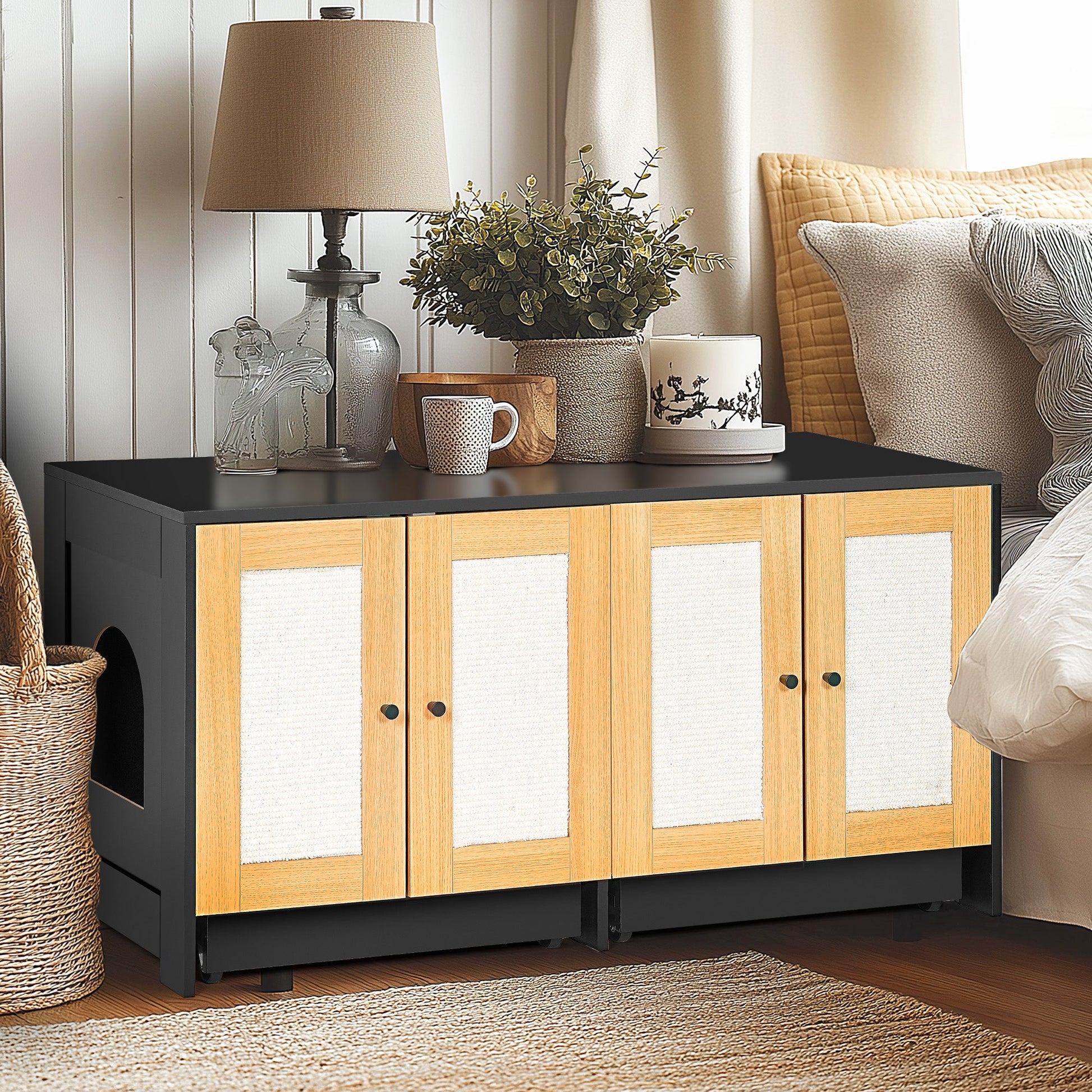Double Litter Box Enclosure for Cats by HouseOfZazla; black frame, light wood cabinets on Tampa Home & Garden Store