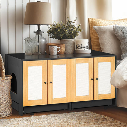 Double Litter Box Enclosure for Cats by HouseOfZazla; black frame, light wood cabinets on Tampa Home & Garden Store