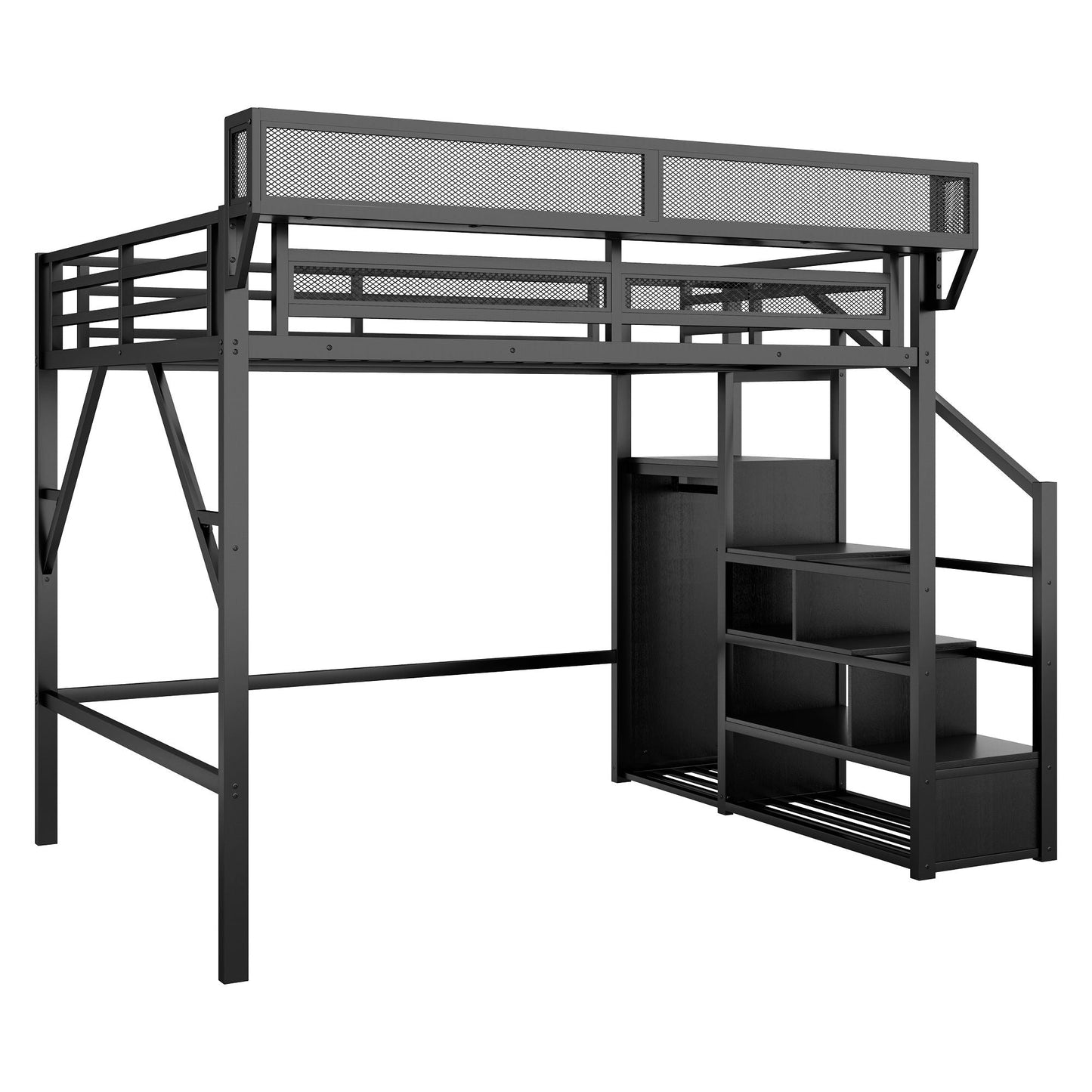 Queen Size Loft Bed With Stairs, Storage Shelves, Wardrobe - Black metal frame HouseOfZazla on Tampa Home & Garden Store