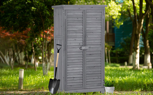 Wooden Garden Shed 3-tier Patio Storage Cabinet Outdoor Organizer Wooden Lockers with Fir Wood (Gray Wood Color -Shutter Design) - Tampa Home & Garden Store