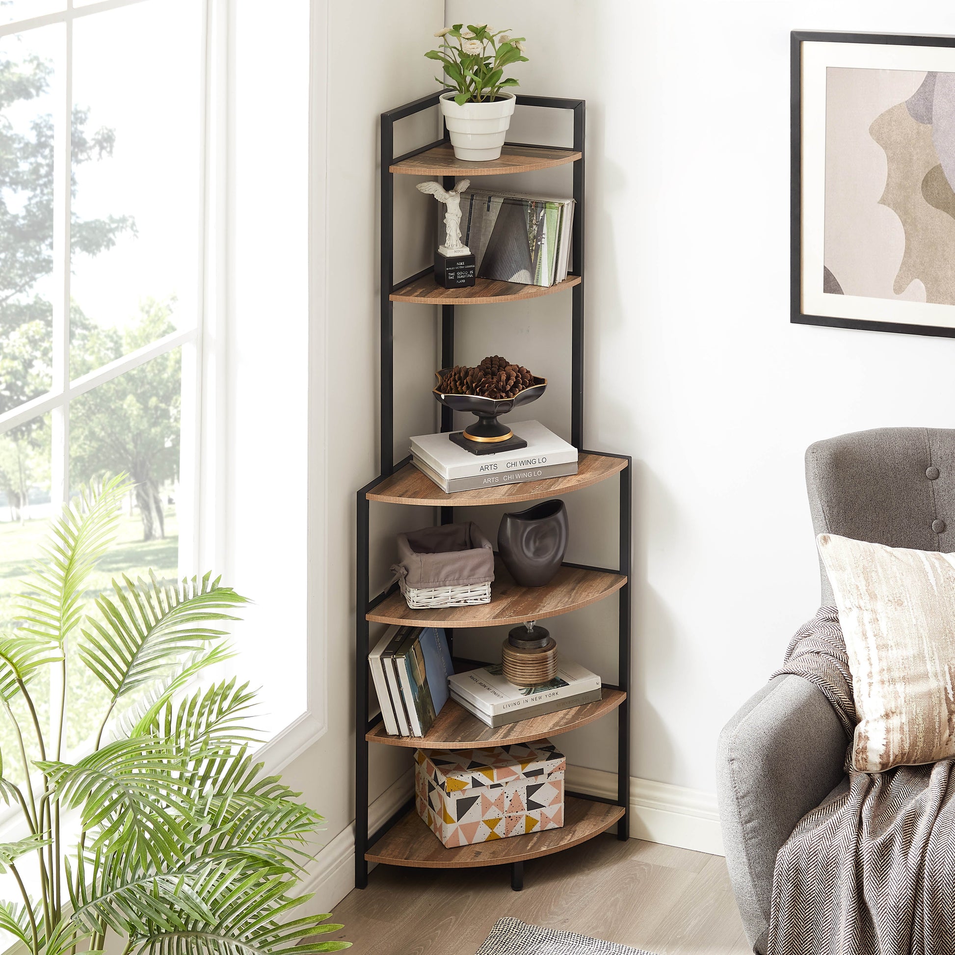 6-story corner open bookshelf modern bookshelf wooden frame independent bookshelf unit, country brown - Tampa Home & Garden Store