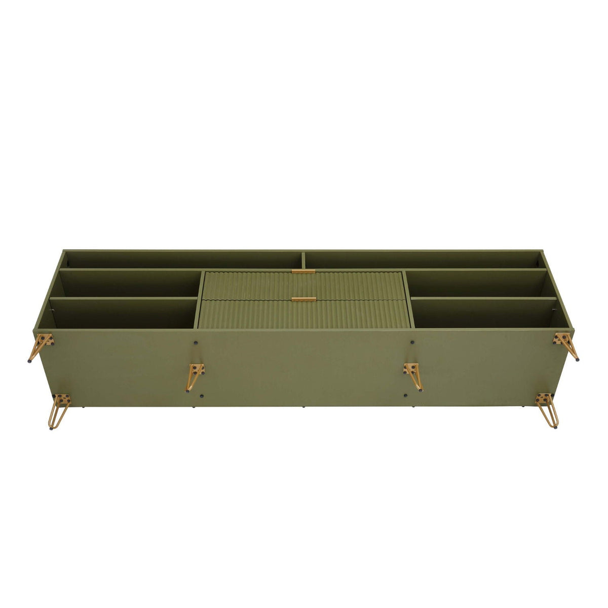 Fluted TV stand with storage in olive green, gold metal legs, central fluted drawers on Tampa Home & Garden Store