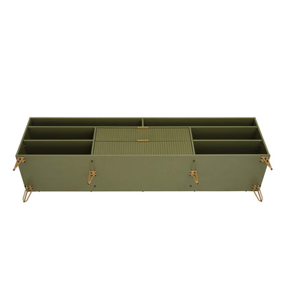 Fluted TV stand with storage in olive green, gold metal legs, central fluted drawers on Tampa Home & Garden Store