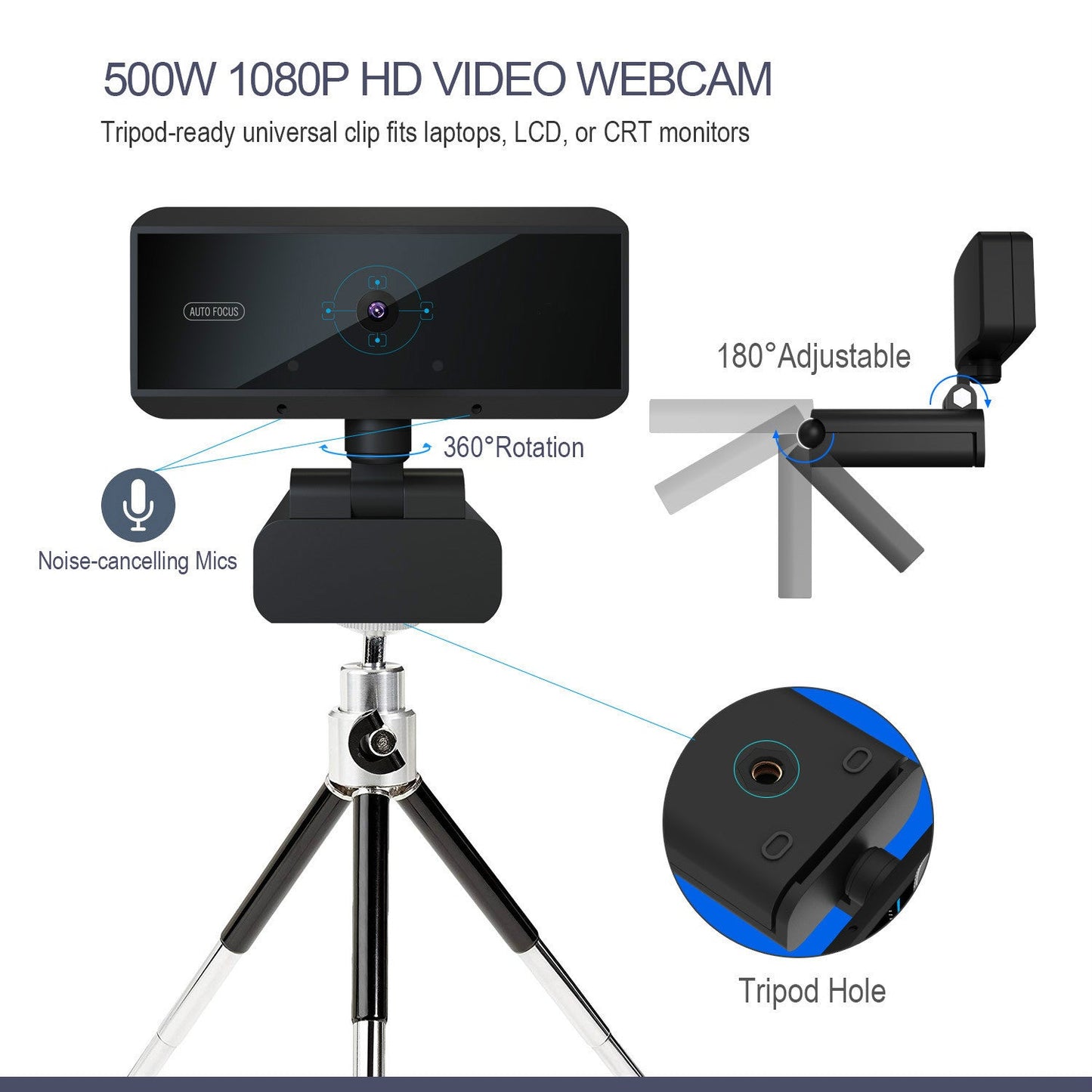 W5 HD computer camera black webcam with noise-cancelling mic on an adjustable tripod on Tampa Home & Garden Store