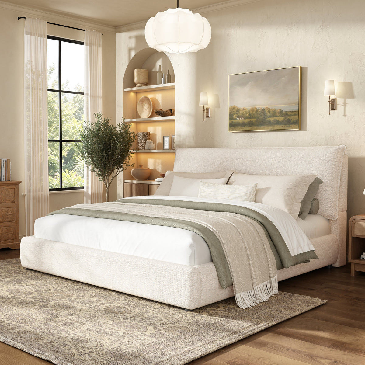 Upholstered platform bed frame with oversized plush pillow headboard in cream fabric by HouseOfZazla on Tampa Home & Garden Store