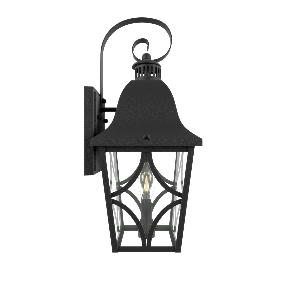 HouseOfZazla outdoor wall light fixture, black metal lantern with curved arm and glass panels on Tampa Home & Garden Store