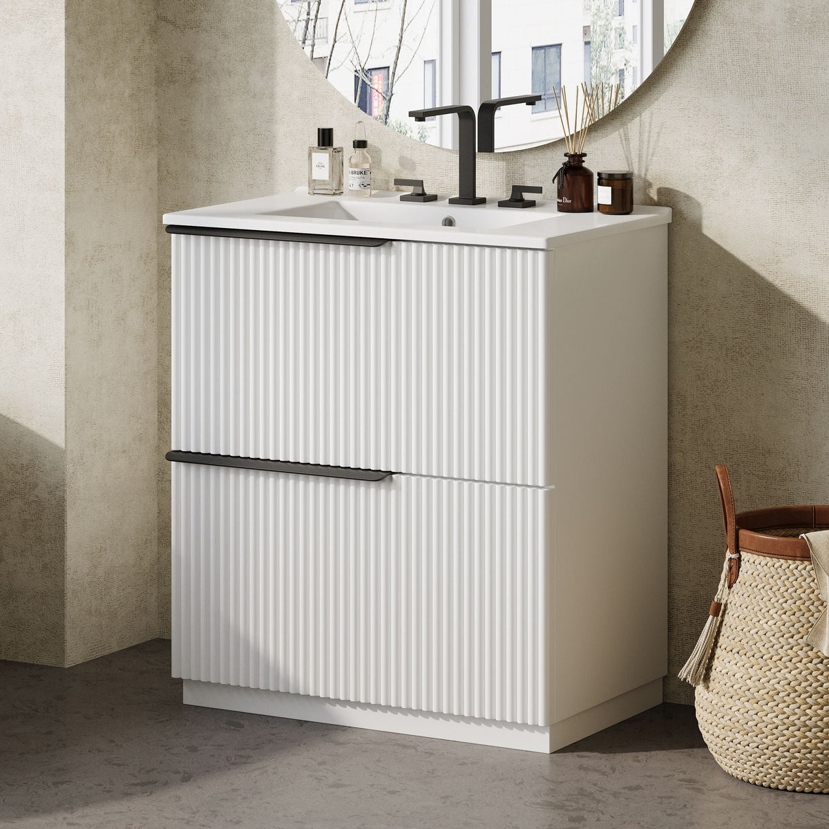Fluted bathroom vanity with ceramic sink black faucet ribbed white cabinet HouseOfZazla on Tampa Home & Garden Store