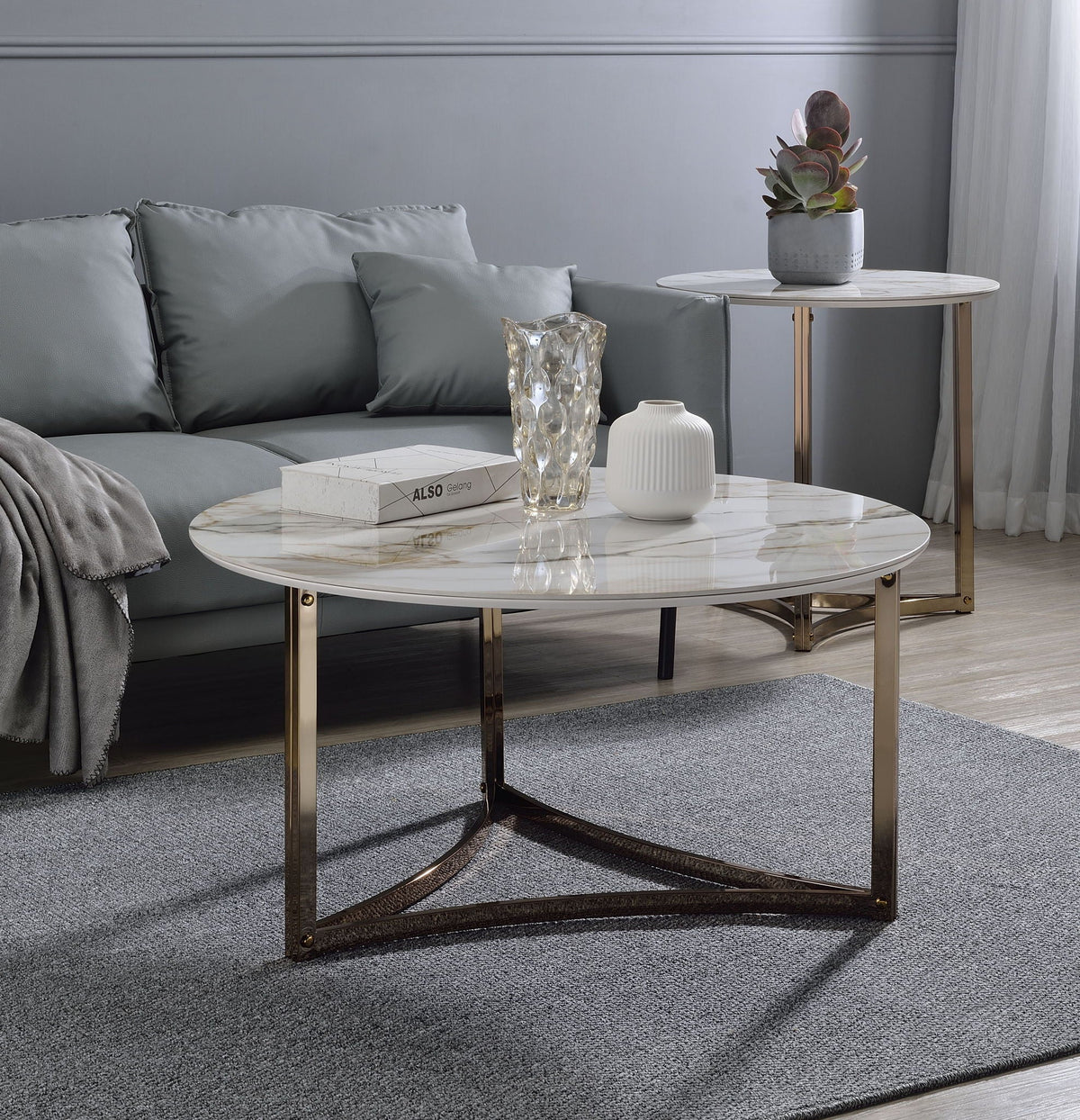 Sintered stone top round coffee tables with metal bases in white, set of 2 on Tampa Home & Garden Store