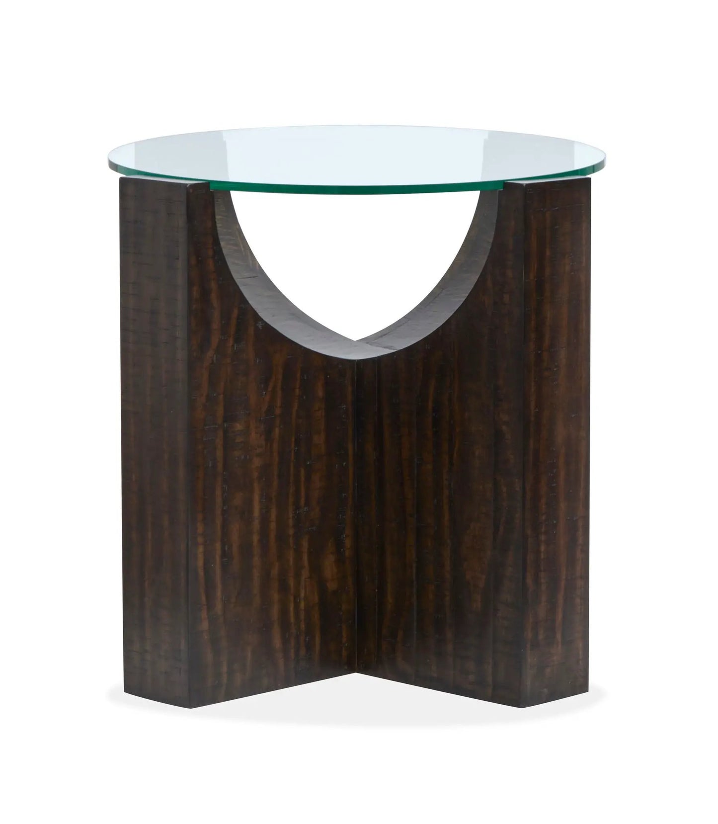 Beckham end table with circular glass top and dark wood curved supports on Tampa Home & Garden Store
