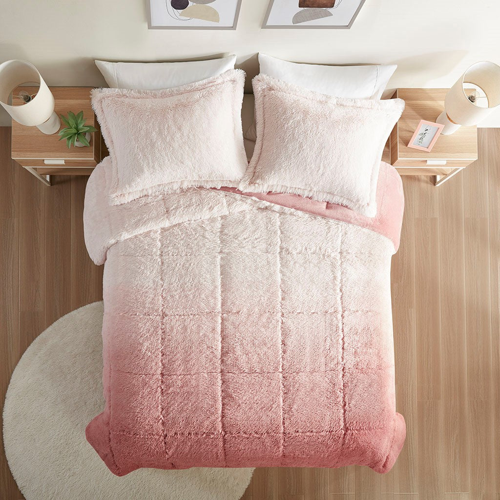 Full/Queen Ombre Shaggy Long Fur Comforter Mini Set, pink plush fur bedding HouseOfZazla on Tampa Home & Garden Store