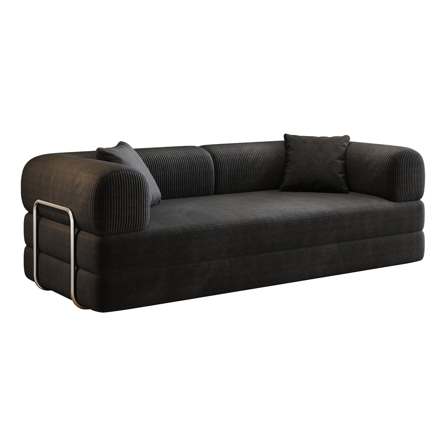 HouseOfZazla corduroy black sofa with rounded arms and pillow back cushions on Tampa Home & Garden Store