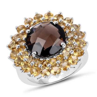 8.56 Carat Smoky Quartz & Citrine Sterling Silver Ring with a halo of golden citrines on Tampa Home & Garden Store