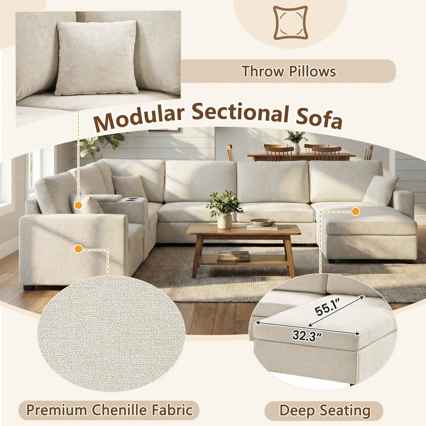 Modular 5-seat U-shaped sectional sofa with chaise and built-in cup holders on Tampa Home & Garden Store