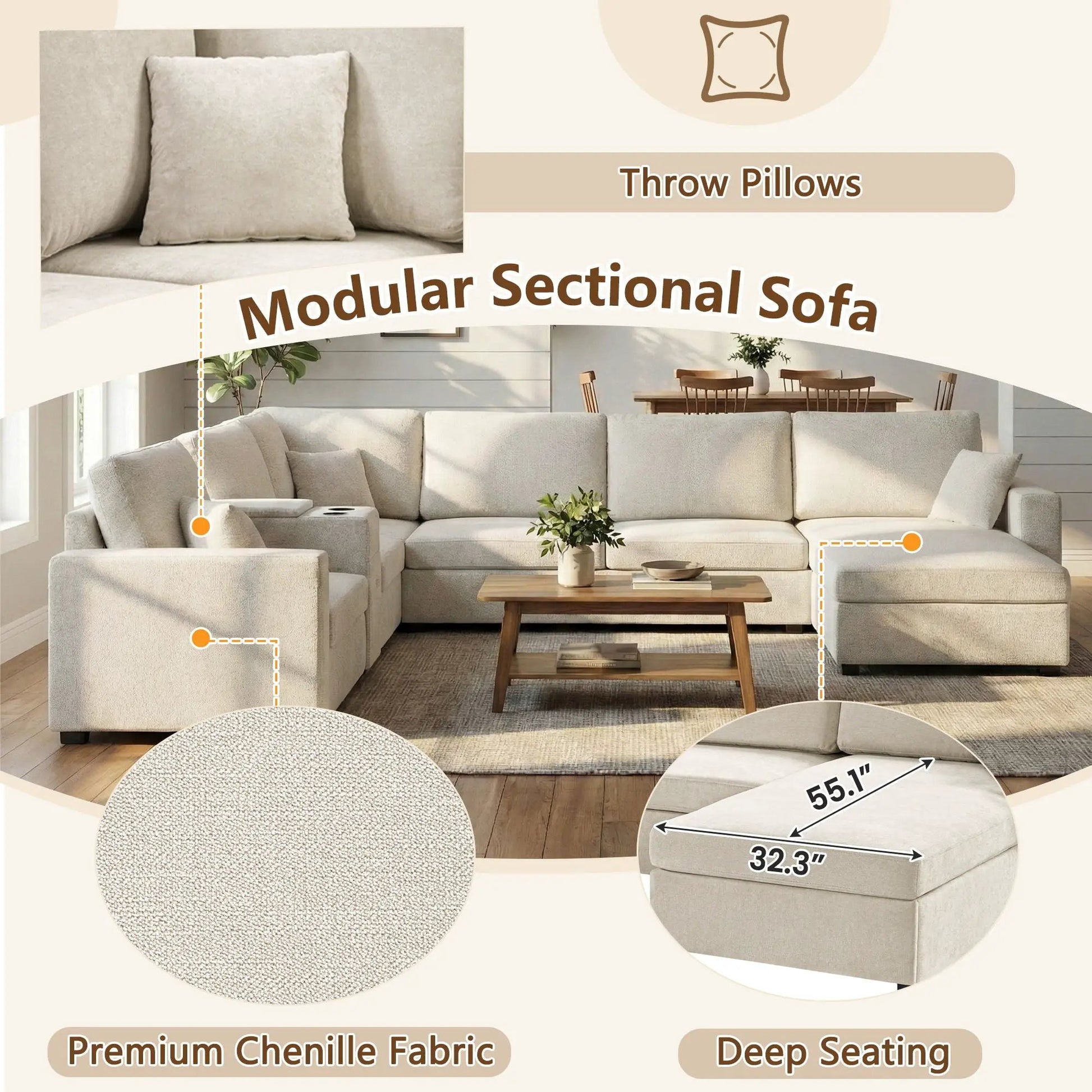 Modular 5-seat U-shaped sectional sofa with chaise and built-in cup holders on Tampa Home & Garden Store