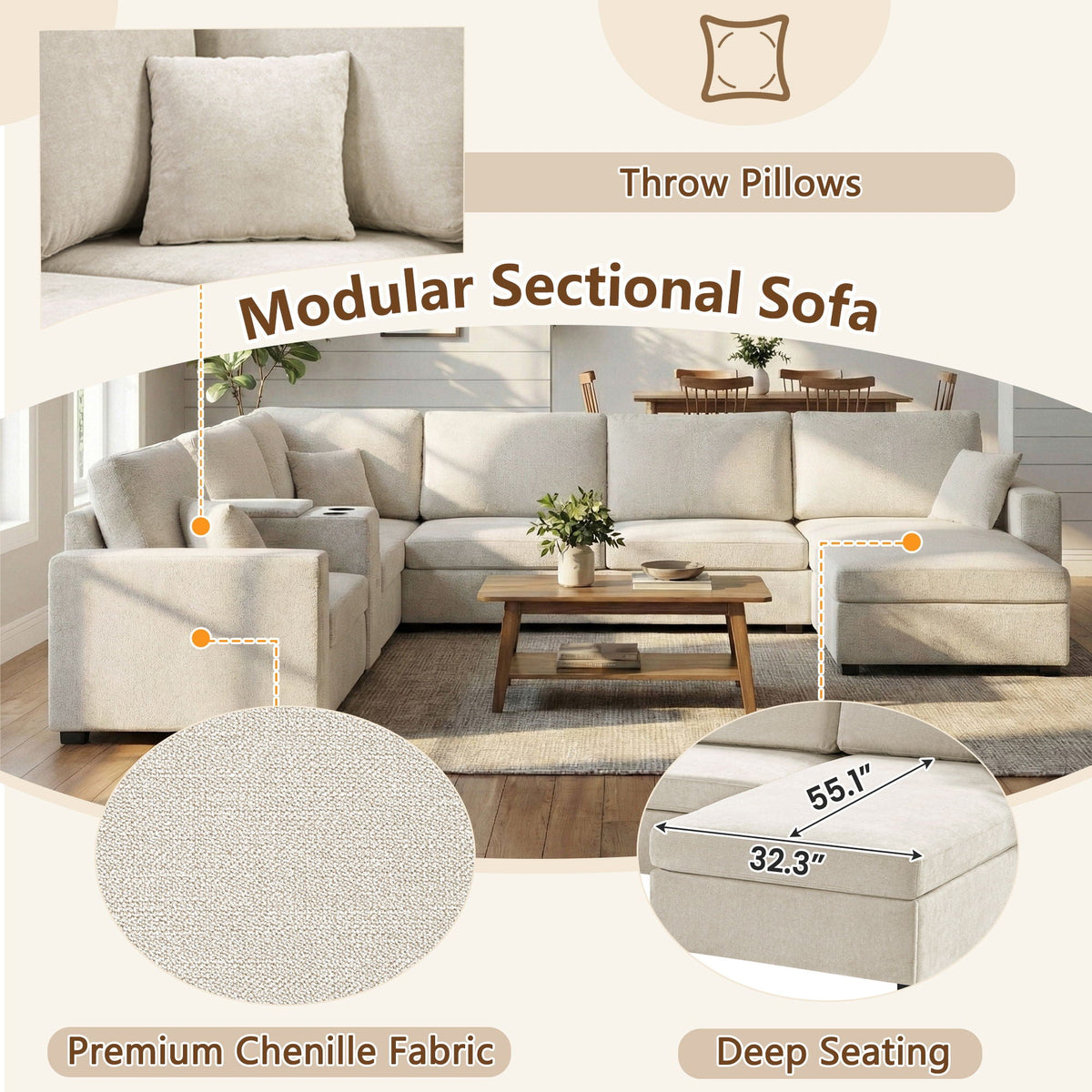 HouseOfZazla 5-seat U-shaped modular sofa with chaise and storage drawer in chenille on Tampa Home & Garden Store