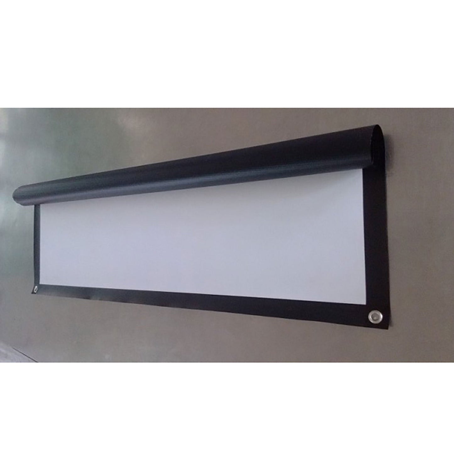 Projector HD screen retractable wall-mounted with black housing and white projection surface on Tampa Home & Garden Store
