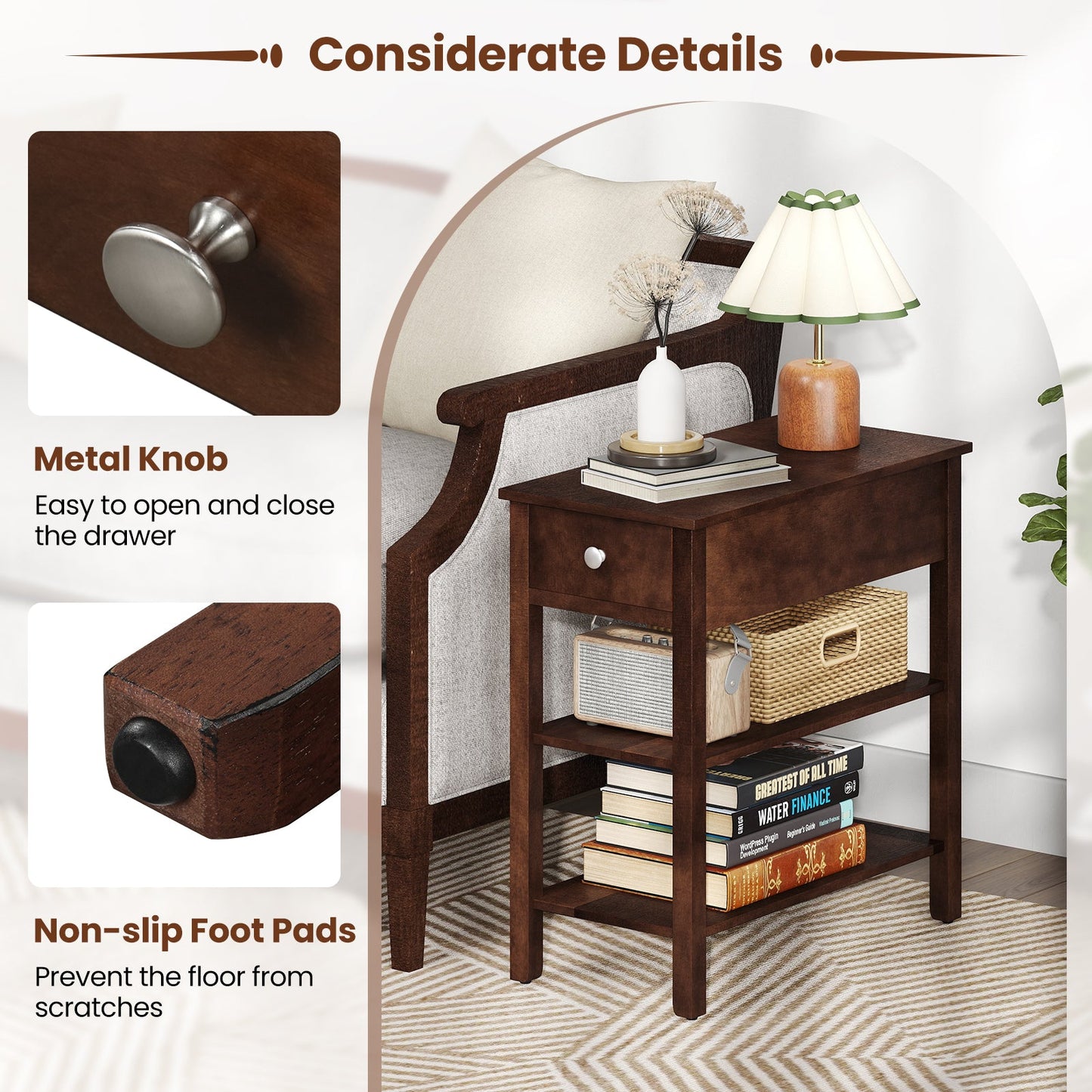 3-Tier Narrow End Table with Drawer and Storage Shelves