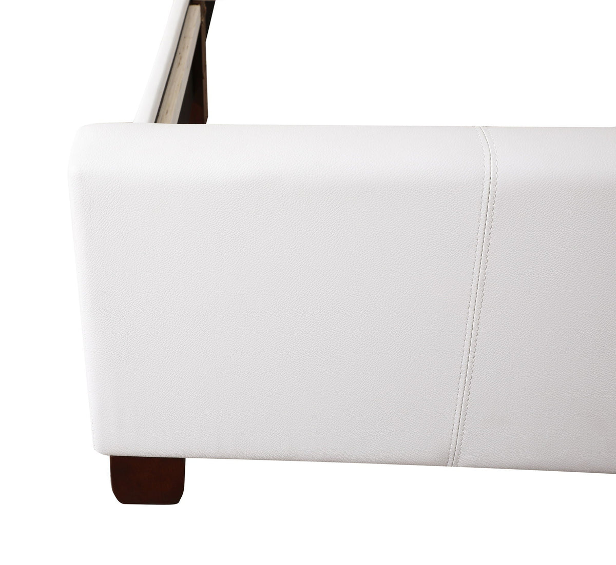 Tufted upholstered bed with white faux leather headboard and dark wood leg on Tampa Home & Garden Store