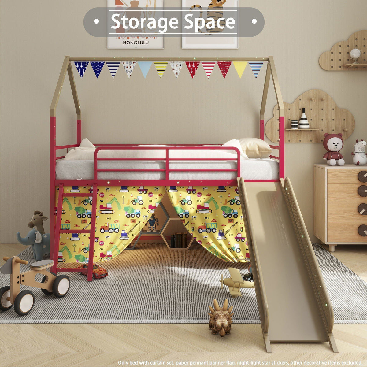 Jack House Loft Bed With Slide And Curtain Set, gold frame with pink accents on Tampa Home & Garden Store