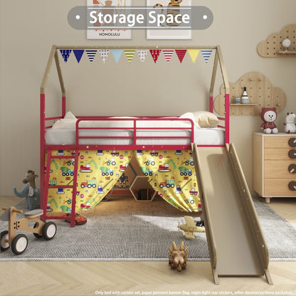 Jack House Loft Bed With Slide And Curtain Set, gold frame with pink accents on Tampa Home & Garden Store
