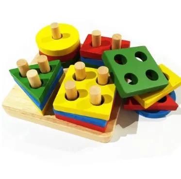Wooden baby puzzle with colorful geometric blocks and pegs on a natural base on Tampa Home & Garden Store
