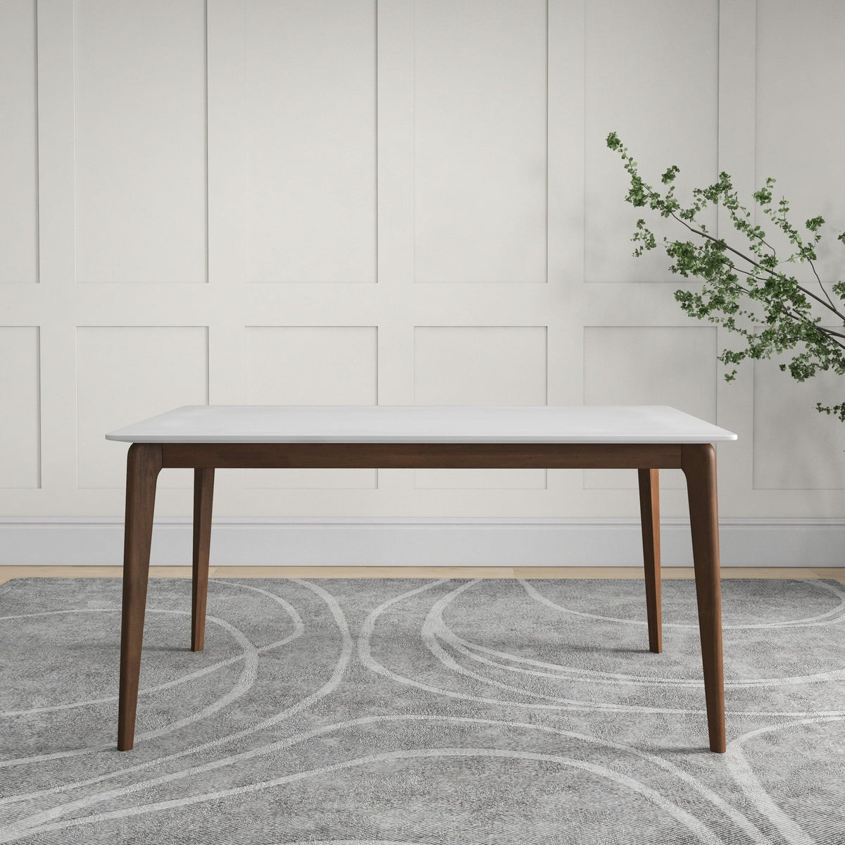 Levi modern style rectangular dining table with white top and warm wood legs on Tampa Home & Garden Store