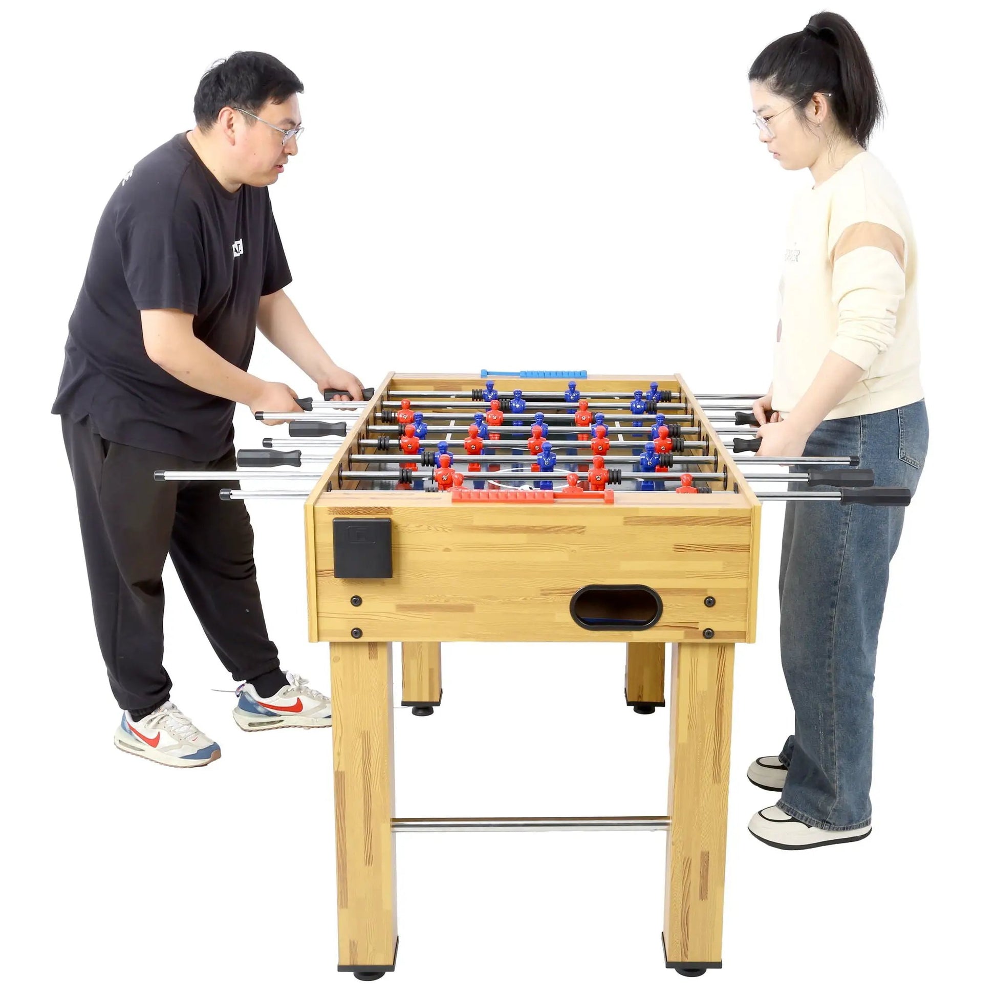 Hurricane foosball table by Unique Piece Furniture with natural wood finish and red/blue players on Tampa Home & Garden Store