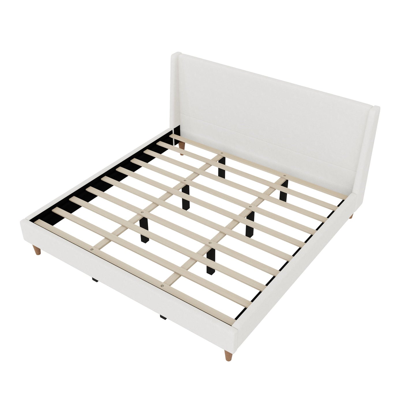 Upholstered platform bed with wingback white headboard from HouseOfZazla slats on black frame on Tampa Home & Garden Store