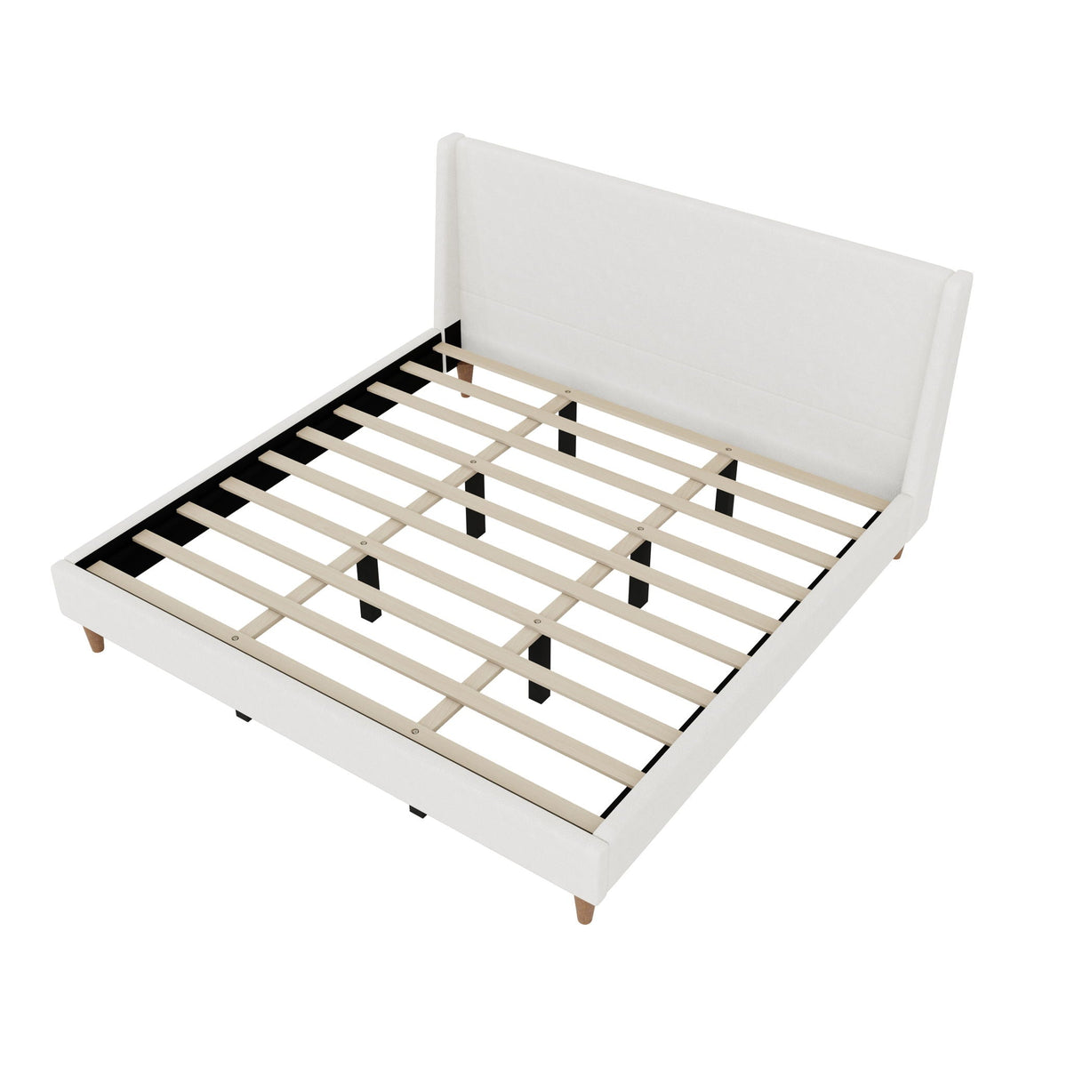 Upholstered platform bed with wingback white headboard from HouseOfZazla slats on black frame on Tampa Home & Garden Store