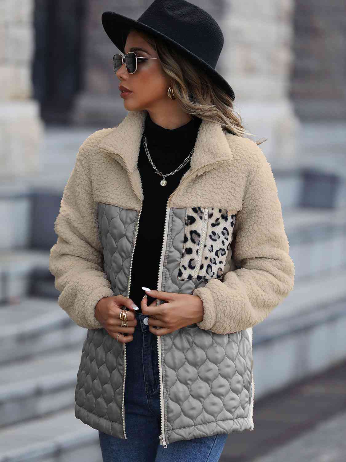 Leopard color-block zip-up jacket by Stevvex with beige sherpa, gray quilted body on Tampa Home & Garden Store